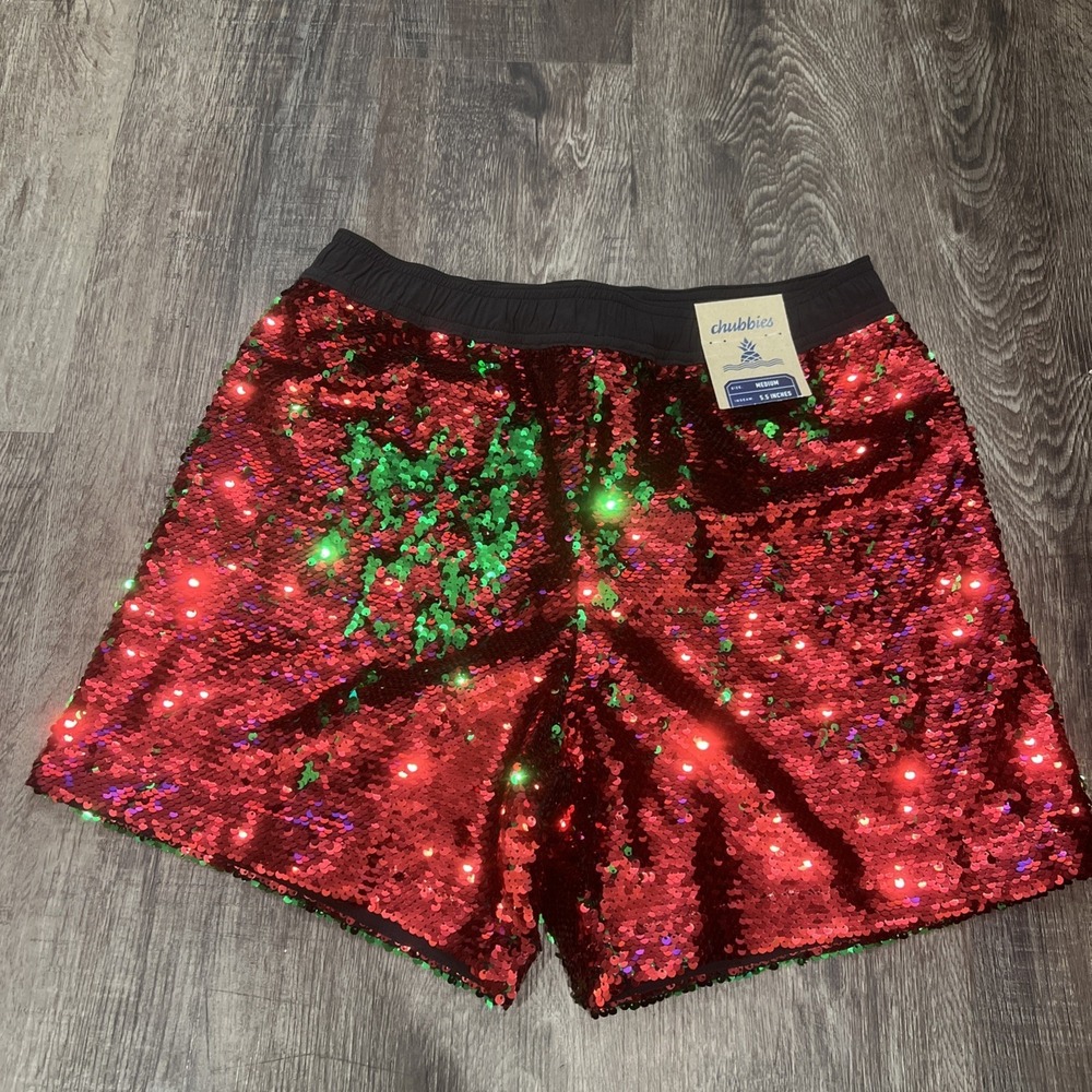 NEW~MEDIUM~Chubbies Santa Slays Sequin Lined Party Shorts Green Red Holiday